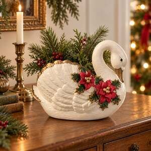 Crown Accents Christmas Swan Planter Vase White Gold Trim Poinsettia
